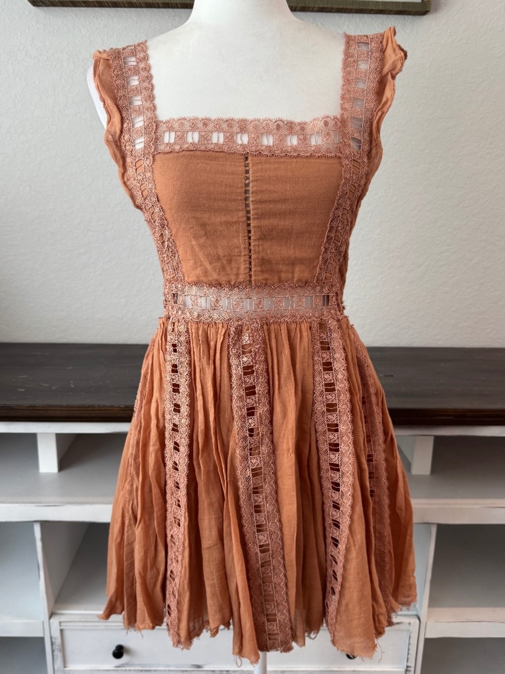 Free People Rust Orange Mini Dress with Lace Insets